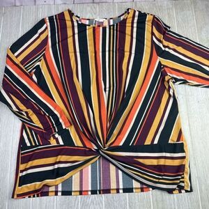 Como Blue. Women’s Multicolor Striped Front Knot Long Sleeve Blouse 2X